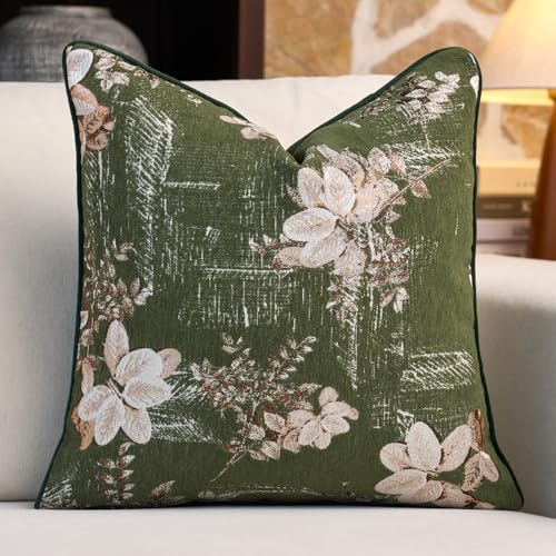 Aeckself Decorative Chenille Floral Throw Pillow Cover Vintage Couch Pillow Cover 20x20 Inch Neutral Farmhouse Cushion Cover Home Decor for Sofa Bedroom Living Room, Green
