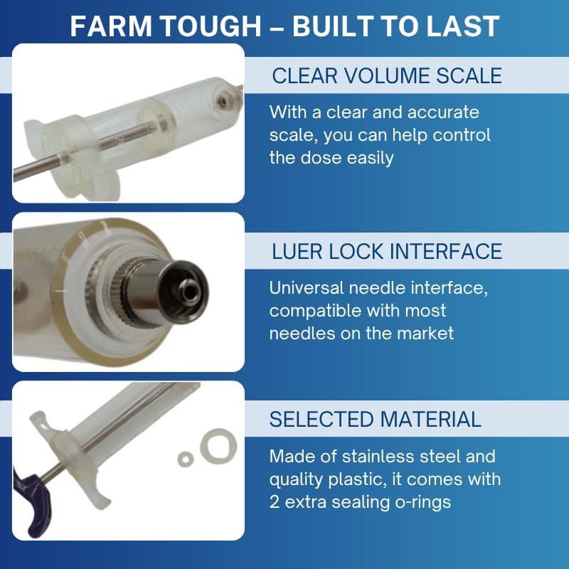Reusable Veterinary Syringe Without Dose Nut – 10cc, 20cc, 30cc, 50cc | Durable Plastic Barrel | Luer-Lock & Luer-Slip Compatible | For Livestock, Equine, and Veterinary Use (20cc)