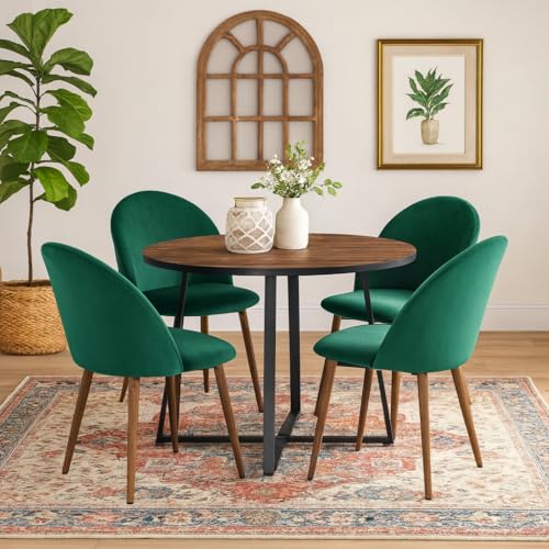Image of 5-Piece Modern Round Dining Table Set, 35'' Wooden Table with 4 Velvet Upholstered Chairs, Compact Space-Saving Furniture for Small Apartments, Kitchens, and Dining Rooms (Brown Top, Green)