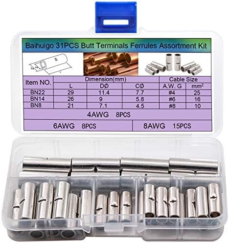 Baihuigo Stranded Wire Butt Terminals:(3Types Gauge Copper Ferrule: AWG 4,6,8,) Non Insulated Seamless Butt Connectors Widely Used in Automotive/Aircraft/Boat/Truck/Well Pump/amp Wire Joint.