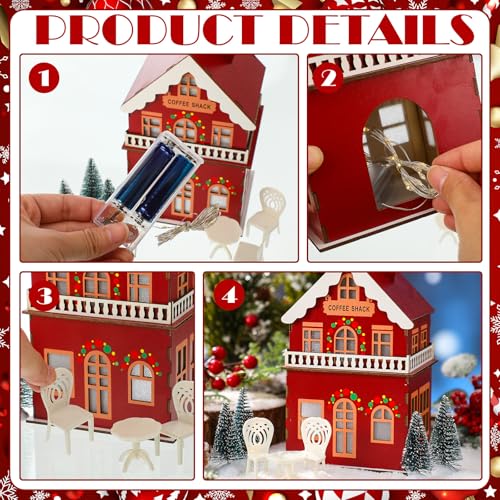 Pinkunn 9 Pcs Mini Lighted Christmas Village House Set Wooden Coffee Shack Building Small Tabletop Decor 4 Christmas Tree 2 Chair 1 Desk Village Collectible Figurine Battery Operated for Holiday Xmas