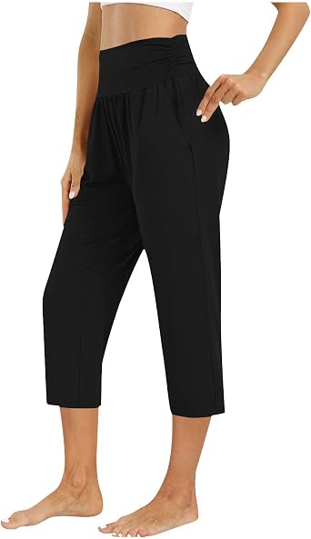 SHOPESSA Capri Pants for Women Casual Straight Leg High Waisted Summer Trousers Loose Lounge Crop Pants with Pockets
