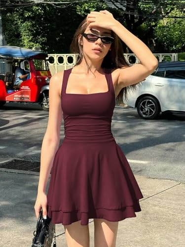 Women's Summer Ruffle Hem Square Neck Mini Dress Ruched Waist Short Party Dresses4