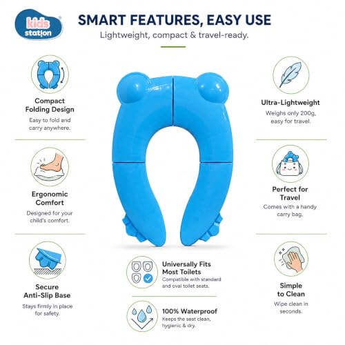 Image of Kids Station Baby Portable & Foldable Baby Unisex Potty Training Toilet Seat with Non-Slip Base, Splash Guard, and Storage Hook-Ideal for 0-6 Year Child, Travel-Friendly (Blue, Foldable Potty Seat)