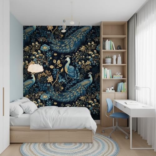 Image of Hotel and Restaurant Blue and Gold Peacock Wallpaper Hotel and Restaurant for wall Stickers Living Room and kidroom Stick Wall Decor|Fantasy Patter Wallpaper for wall Stickers(45 x 300 cm)