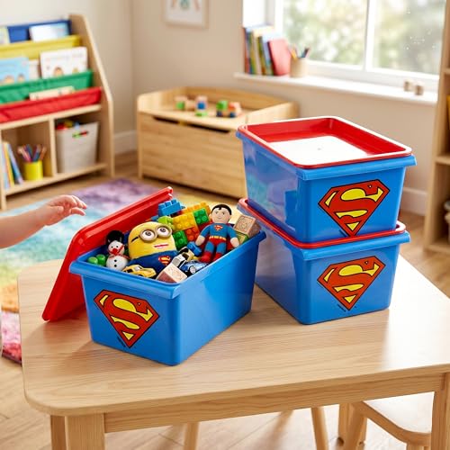 Image of Nayasa Stack N Store Superman, Small, 5 ltrs | DC Superhero Print Plastic Storage Boxes Set of 3 with Lid | Side Handles | Stackable Multipurpose Organizers | Strong & Durable | Blue