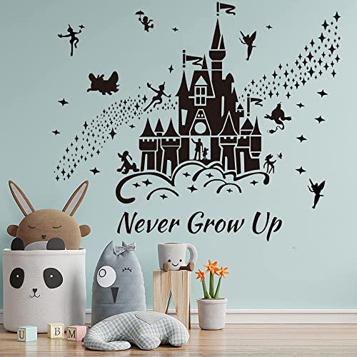 Supzone Peter Pan Wall Stickers Fairy Tale Castle Wall Decal Never Grow Up Quotes Stars Wall Decor Diy Mural Art For Baby Nursery Room Kids Bedroom Playroom-Black #TOP1
