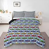Queen Train Comforter Set, Colorful Cartoon Smoking Steam Engine Comforter for Kids Boys Girls, Blue Stripes Soft Quilt Duvet Set with 2 Pillow Cases