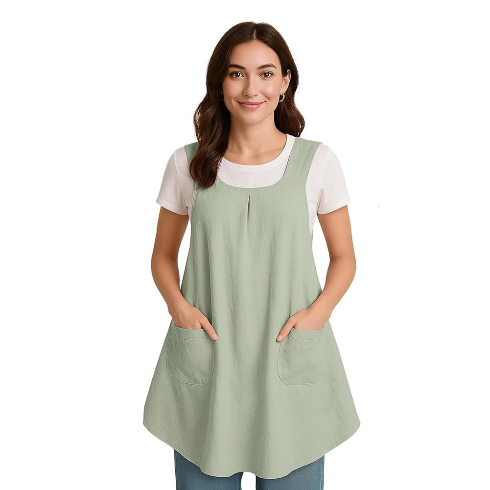CTRLZS Cotton Linen Apron with Pocket, Japanese Back Style for Gardening Painting Green