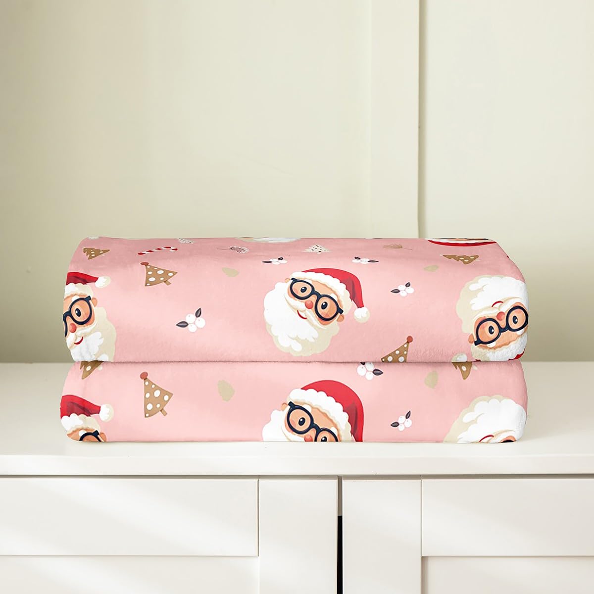 Coperta natalizia in pile di flanella, rosa, matrimoniale, 152 x 200 cm, Babbo Natale, per bambini, donne, uomini, albero di Natale, per letto, divano, sedia, soggiorno, rosso, marrone, rosa
