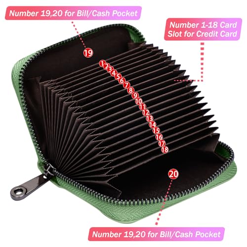 Image of Linno RFID 20 Slots Credit Card Holder Genuine Leather Small Wallet for Women or Men with Zipper, light green, Fashion Accordion Card Case