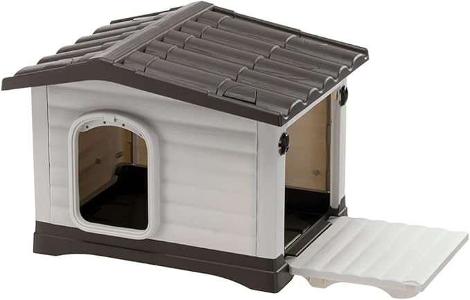 Ferplast Caseta Perros Exterior DOGVILLA 60, Caseta Perro, Lateral Abatible, Fondo con Drenaje, Base Aislante, Techo Desmontable, Rejilla de Ventilación, Plástico Reciclado, 58 x 48 x h 44 cm