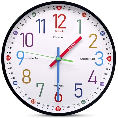 Learning Clock for Kids, 10” Silent Non-Ticking Teaching to Tell Time Colorful Wall Clocks for Children’s Room Bedroom Classroom Home Decor, Gifts for Christmas Birthday (Black)