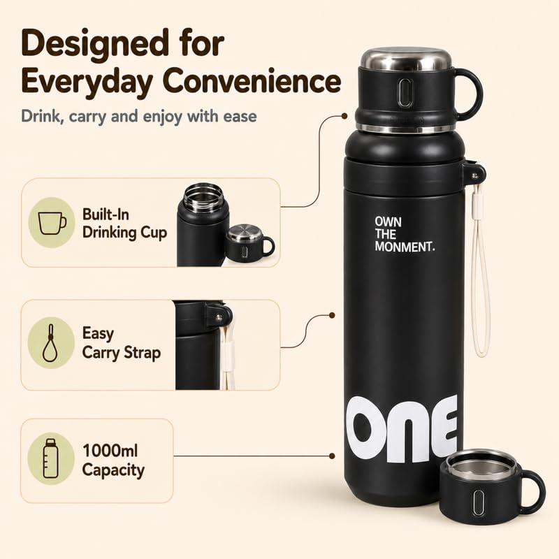 Image of Homero Premium Steel Bottle 1 Litre 1 L, Black Water Bottle with Cup & Straw, Leak Proof Sleek Metal Design for Office, Gym, School, College & Travel Use - Midnight Black
