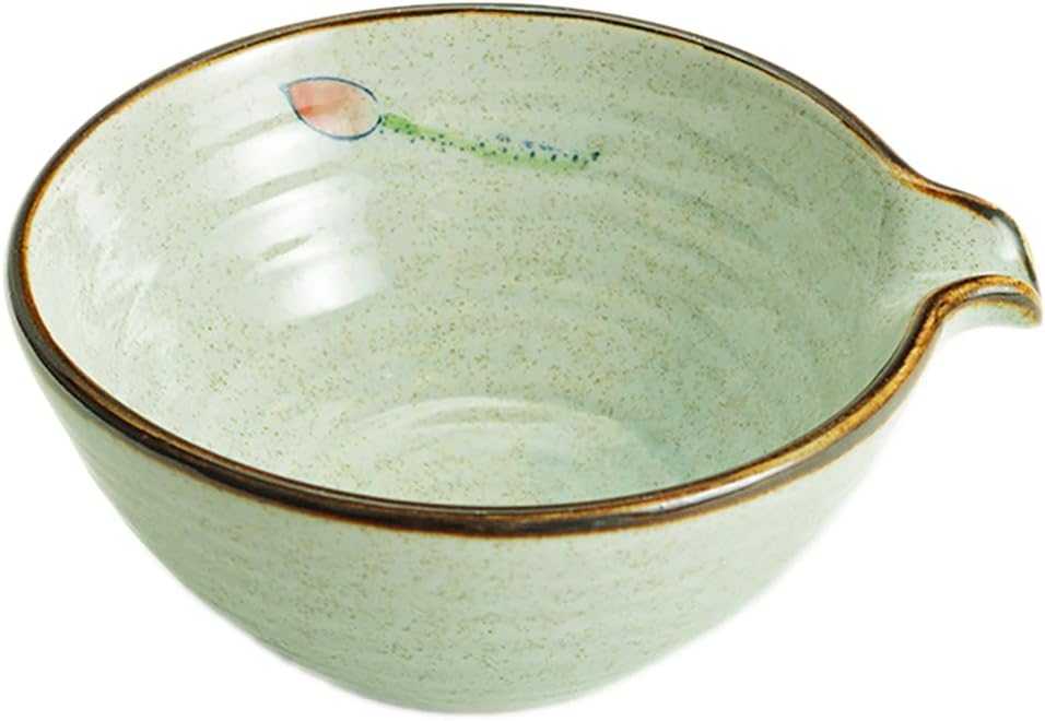 Sizikato Green Porcelain Matcha Bowl with Spout, 5.5-Inch, Lotus Pattern
