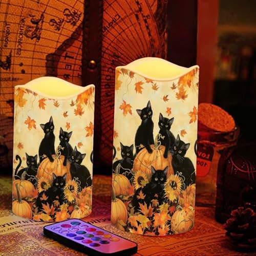 Image of Fall Maple Black Cat Flickering Flameless Candles with Remote LED Pillar Candles Battery Operated with Timer Color Changing Electric Candles for Thanksgiving Day Home Kitchen Decor