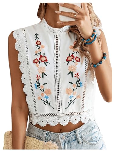 Floerns Women's Floral Embroidery Lace Trim Blouse Mock Neck Sleeveless Holiday Crop Tops