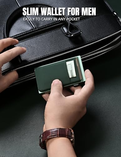 Image of Slim Wallet for Men, Aluminum Credit Card Holder, Minimalist Metal Pop Up Wallet, RFID Blocking, Coin and Cash Pocket, Ultra Slim, Gift for Him (Green)