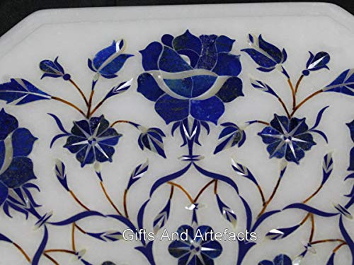 Table basse en marbre blanc, meuble octogonal compact orné de lapis lazuli véritable - 3