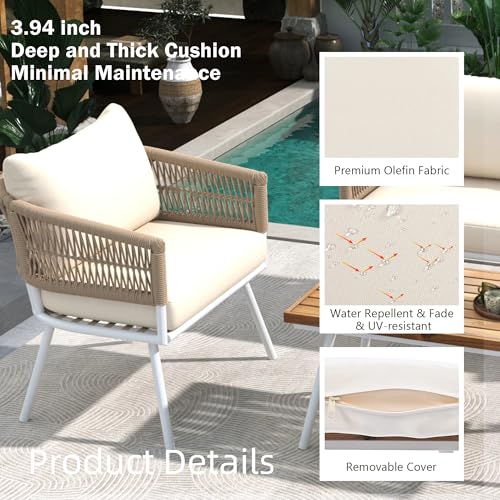 Trygoal 4-Piece Rope Outdoor Furniture Set - Patio Conversation Sofa Set with Acacia Wood Table, Metal Furniture with Deep Seating & Thick Cushion for Backyard, Balcony, Deck, Beige