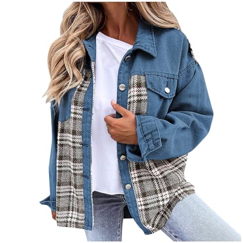 NATHGAM Women's Oversized Denim Jacket Casual Long Sleeve Button Down Plaid Shacket Trendy Loose Fit Jean Jacket with Pockets