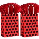 BLEWINDZ 24 Pieces Paper Gift Bags with Tissues, Polka Dots Paper Bags with Handles, Party Favor Bags for Ladybug Theme Birthday, Wedding, Christmas, Party Supplies (Red Black)