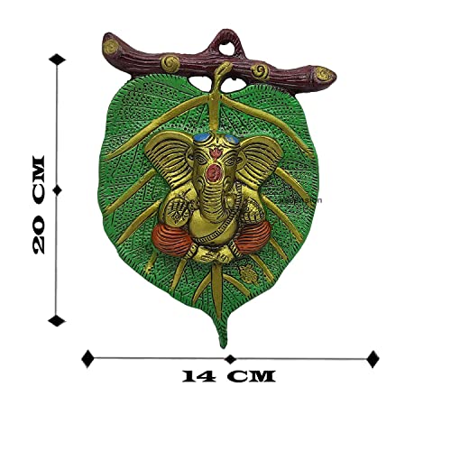 Image of ascension Ganpati Metal Green Lord Leaf Ganesh Idol Patta Statue Decorative Wall Hanging Showpiece Figurine (Green & Multicolour)