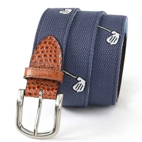 Mile High Life Golf Belts for Men, Canvas Belt with Genuine Leather Tips, Embroidered 2 Layer Web Belt with Pin Buckle