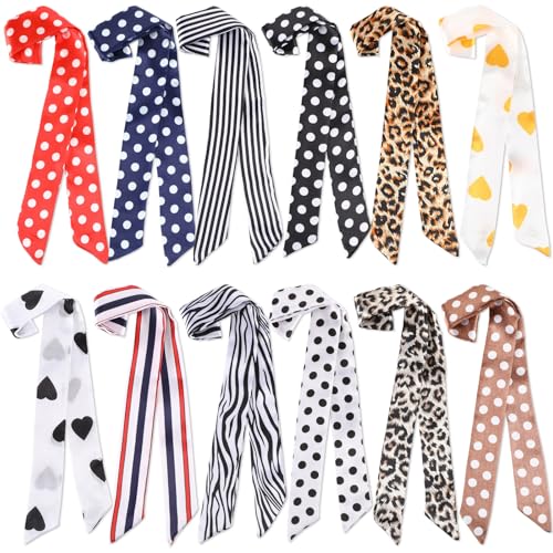 Handepo 12 Pcs Women Handbag Head Scarf Hair Purse Scarf Handle Ribbon Satin Head Neckerchief Silk Headband Charm for Gifts(Dot Styles)