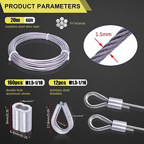 Twidec/Wire Rope Crimping Tool Up To 2.2Mm With 160Pcs 1/16''Aluminum Crimping Loop Sleeve And 66Ft 1/16'' 304 Stainless Steel Wire Rope 12Pcs Wire Rope Thimbles Kit N-022-4K #TOP2