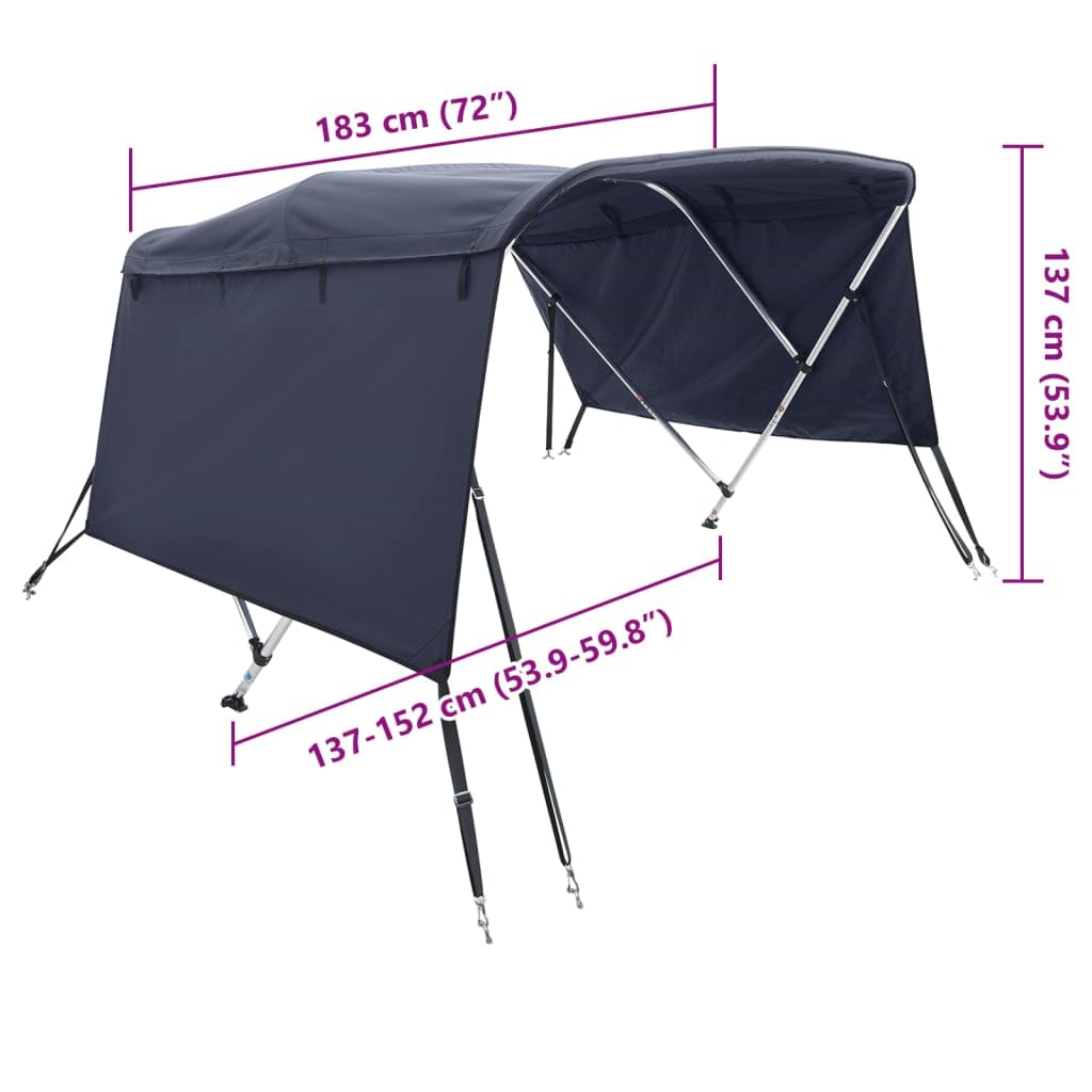 vidaXL 3 Bow Bimini Top mit Seitenteilen, Bootsverdeck mit Aluminiumrahmen, Sonnenverdeck Boot Sonnensegel, Blau 600D Polyester Aluminium