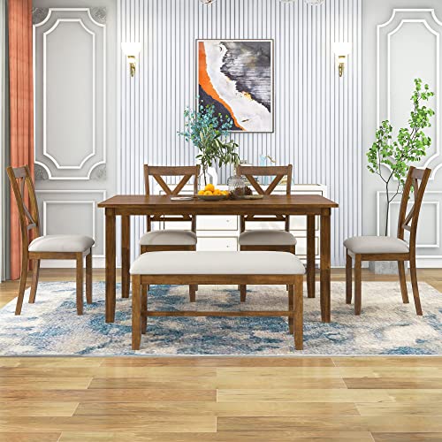 Image of LUMISOL 6-Piece Dining Table Set, Wood Kitchen Table with 4 Chairs and Bench, Farmhouse Dining Table with Bench and Chairs Set for Kitchen, Living Room, Natural