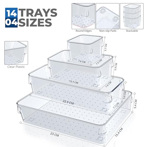 SMAZIUL 14 Pcs Clear Drawer Organiser with 4 sizes Desk Organizer ideal for organizing cosmetics, makeup, jewelry - Image 2