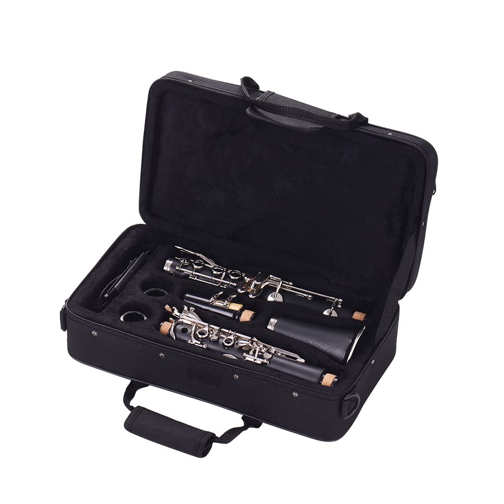 Clarinete ABS de 17 Teclas en si Bemol con Estuche de Transporte Guantes Paño de Limpieza Mini Destornillador Estuche para cañas 10 Piezas Cañas Instrumento de Viento de Madera