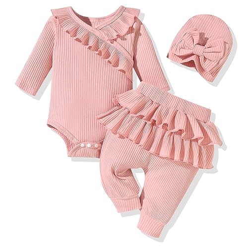 Image of fioukiay Preemie Newborn Baby Girl Clothes Infant Girl Solid Ribbed Outfits Ruffle Romper and Pants 3PC Clothing Sets