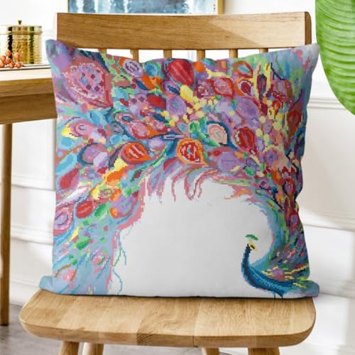 Kit coussin point de croix paon débutant | Broderie DIY taie d'oreiller fait main 45x45