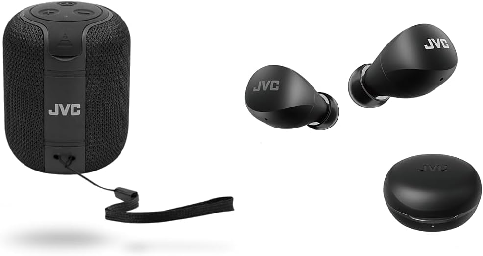 JVC Portable Gumy Speaker with Surround Sound Bluetooth 5.3 & Gumy Mini True Wireless Earbuds with 23 Hour Battery Life