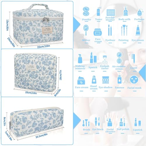 Floral Makeup Bag for Women, 3 Pcs Quilted Cosmetic Bag, Cute Flower Makeup Bags Set, Coquette Cotton Make Up Bag, Large Cosmetic Pouch, Aesthetic Travel Toiletry Organizer Bag3