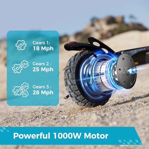 Electric Scooter for Adults, 28MPH Speed, 28Mile Range, 1000W Powerful Motor, 10″ Off-Road Tires, Dual Suspension & Ambient Light & Turn Signals, Commuting Foldable Scooter, App Supports