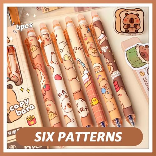 Image of Capybara Erasable Gel Pens Set, Blue Ink, Cute Cartoon Design with Rubber Eraser Cap, 6 Pieces, Student Writing and Office Stationery Gift Set (Capybara)