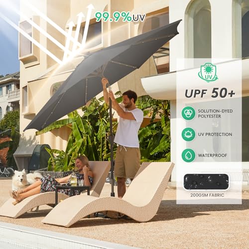 Image of JEAREY 9FT Outdoor Patio Umbrella with Solar Lights, LED Lighted Pool Umbrella with Tilt and Crank, Outdoor Table Umbrellas for Deck, Yard & Market (Jet Black)