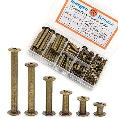 Alloypro 120 Pcs (60 Pair) M5 X 6/10/15/25/35/45 Bronze Phillips Chicago Screws Binding Screw Posts,Scrapbook Photo Albums Binding Screws Assorted Kit 6 Sizes For Leather Saddles Purses Belt Repair #TOP5