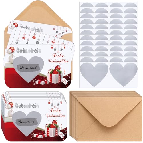 Clabby 12 Weihnachtsgutschein Rubbelkarte 12 Umschläge aus Kraftpapier 12 Rubbelaufkleber Gewinnendes Rubbellos Herzförmige Rubbelkarte Weihnachten Geburtstagsparty Zubehör Urlaubsaktivitäten