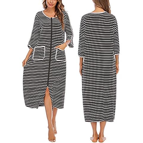 Veseacky Women's Robe Zipper-Front 3/4 Sleeve Sleepwear Full Length Stripe Loungewear Wiht Pockets S-XXL - Black - Small Cover