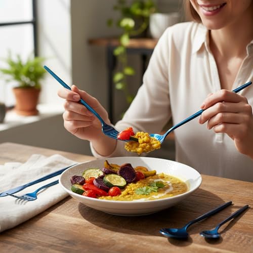 Image of 20 Pcs Blue Cutlery Set for Dining Table the Perfect Lightweight Silim Handle Tableware Including Dinner Spoon, Dinner Fork, Dinner Knife, Dessert Spoon & Dessert Fork