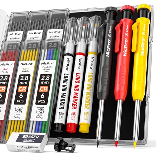 Nicpro 3 Stück CP1000 Zimmermannsbleistifte mit Spitzer, Druckbleistifte mit 39 Minen, Tieflochmarker mit langer Spitze für den Bau, robuster Bleistift Baustelle für Architektenmarkierungen