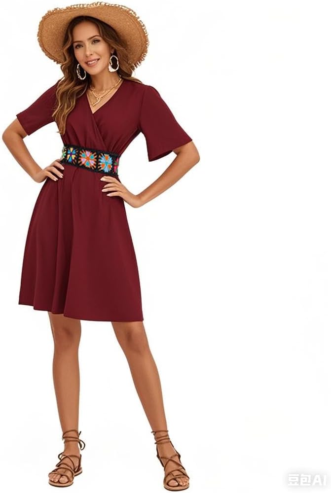 LightlyKiss Women's V-Neck Short Flutter Sleeve Wrap A-Line Dress - Casual Embroidered Belt Beach Holiday Dress