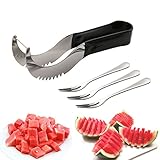 Watermelon slicer [BONUS] 3 Fruit Forks Quality Stainless Steel Blade with Comfortable Black Silicone Handle and Reinforced Tip