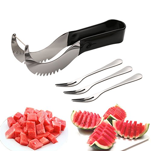 Watermelon Slicer Cutter and Tongs Server Stainless Steel Fruit Knife with 3 Forks Non Slip Silicone Handle Save Timer No Mess For Home Kitchen Tool