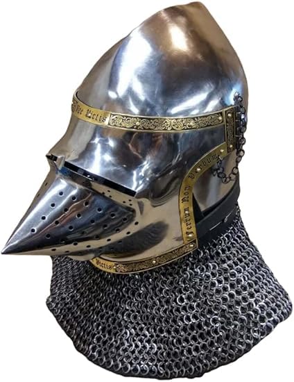 Casque médiéval Bascinet Hounskull avec visière gravée - Cadeau de collection pour père - Argent